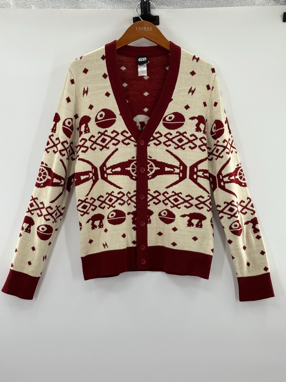 Star Wars Fair Isle Cardigan Sweater Death Star AT-AT Red Cream Size M - Picture 6 of 7
